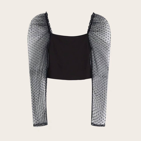 

Contrast Mesh Sleeve Sheer Top, Black
