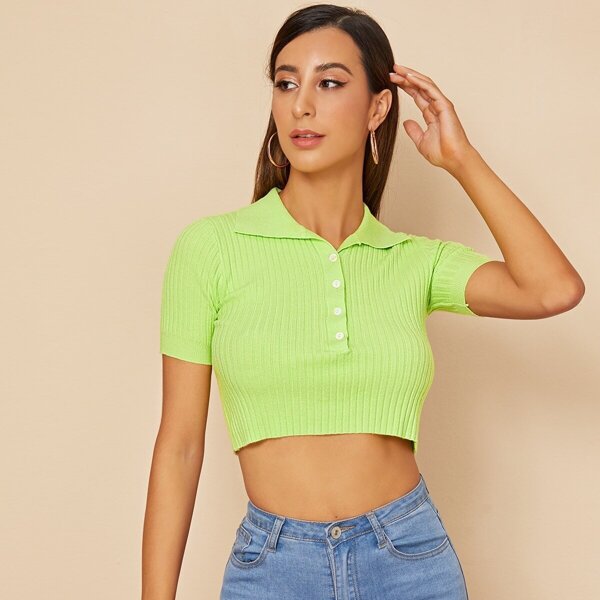 

Neon Green Polo Neck Button Front Knit Top