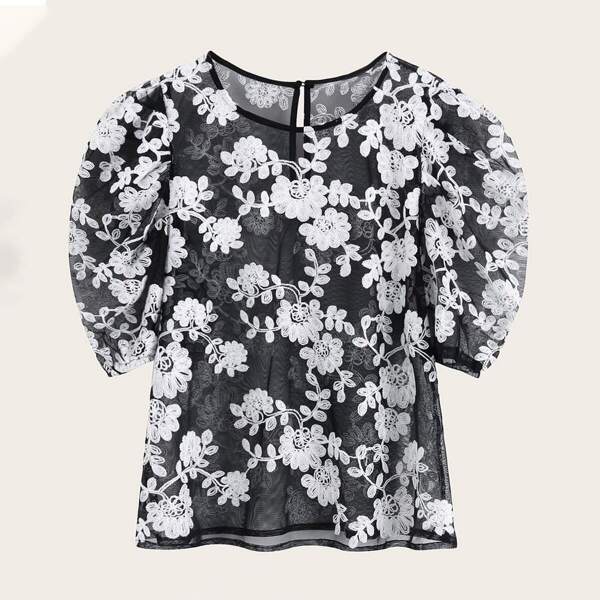 

Keyhole Back Embroidery Mesh Sheer Blouse