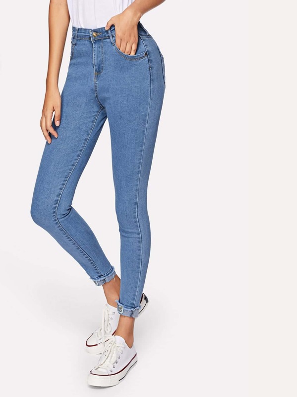 

Solid Roll-Up Skinny Jeans, Blue, Starl Lane