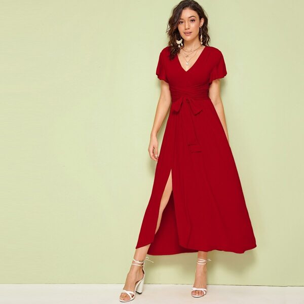 

Flutter Sleeve Tie Waist Split Hem Dress