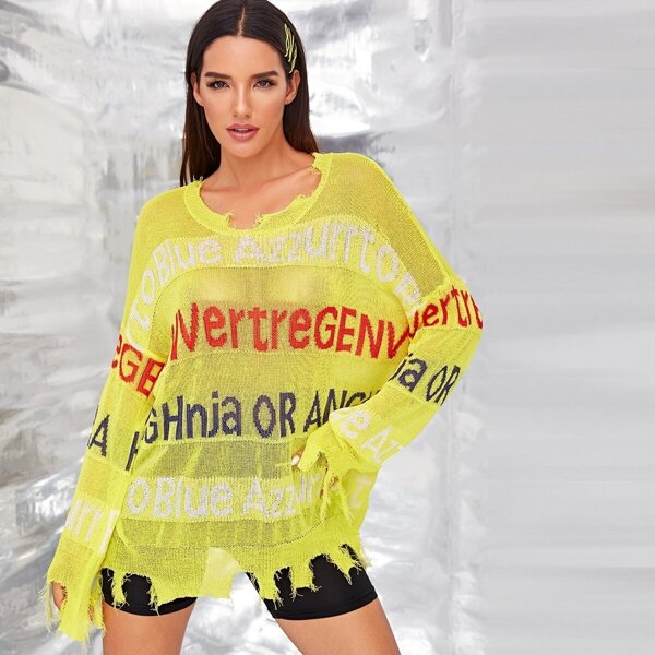 

Letter Ripped Sheer Knit Top