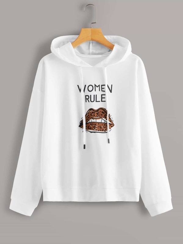 

Slogan & Lip Graphic Drawstring Hoodie, White
