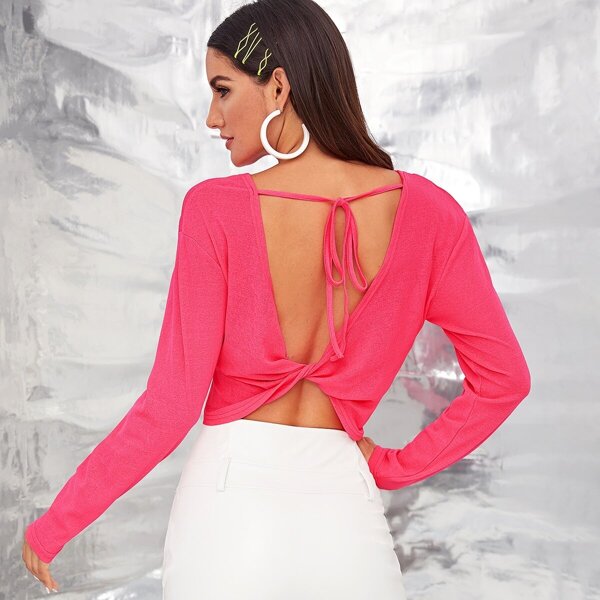 

Neon Pink Tied Twist Back Sweater