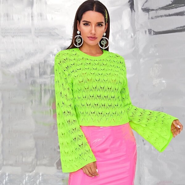 

Neon Lime Bell Sleeve Eyelet Sweater, Green bright