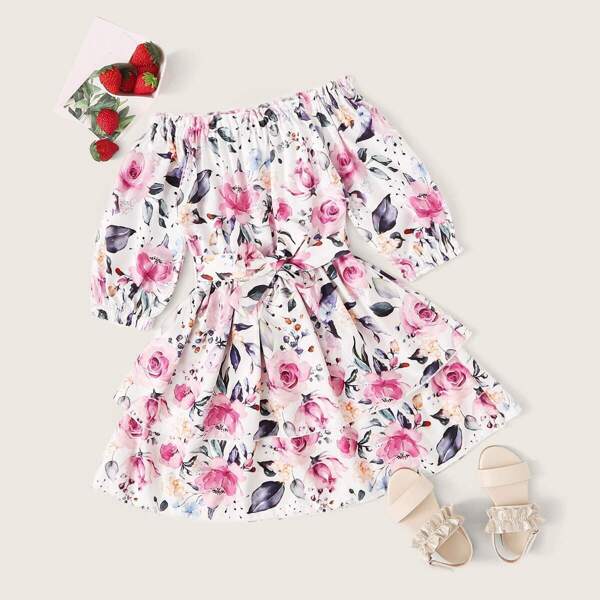 

Toddler Girls Floral Off Shoulder Belted Dress, Multicolor