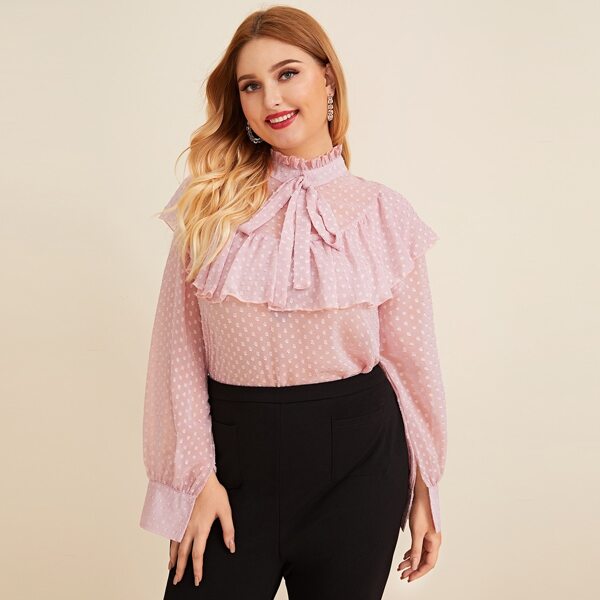 

Plus Dobby Mesh Tie Neck Ruffle Trim Blouse, Pink