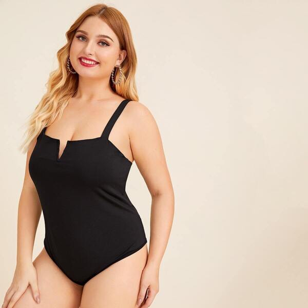 

Plus V Cut Front Form Fitted Bodysuit, Black