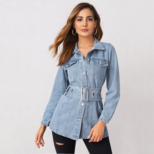 

Light Wash Buckle Belted Denim Jacket, Blue