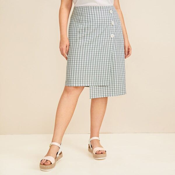 

Plus Gingham Button Detail Asymmetrical Skirt, Multicolor