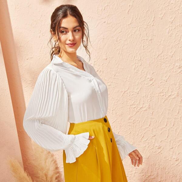 

Pleated Flounce Sleeve Curved Hem Blouse, White