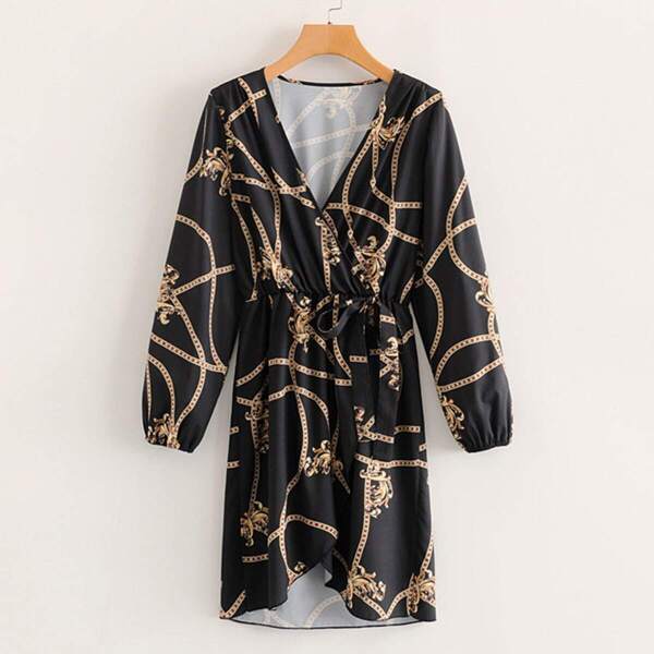 

Chain Print Tie Front Wrap Dress