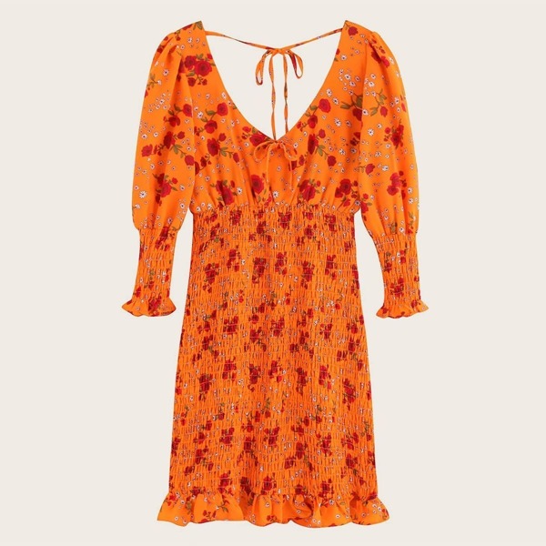 

Ditsy Floral Shirred Ruffle Hem Fitted Dress