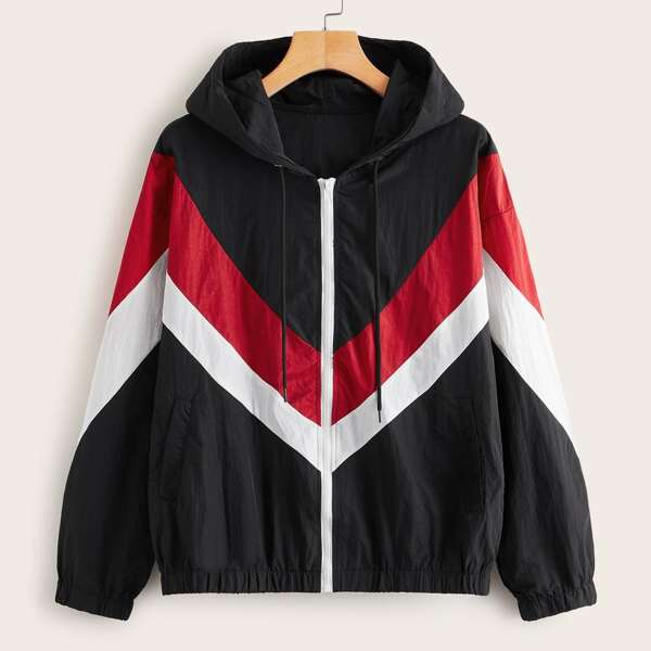 

Color-block Drawstring Hooded Windbreaker Jacket, Black