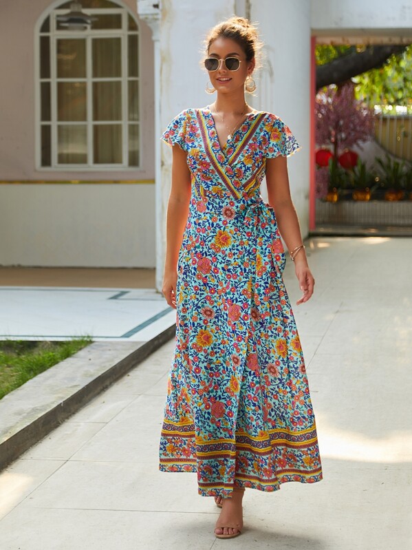 

Tribal Print Tie Side Wrap Maxi Dress, Multicolor