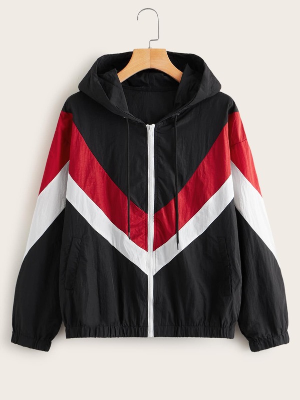 

Color-block Drawstring Hooded Windbreaker Jacket, Black