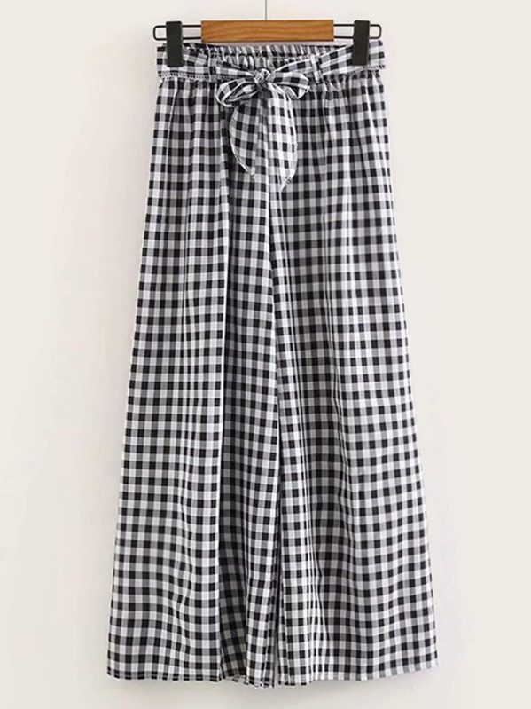 

Gingham Self Tie Wide Leg Pants, Black and white