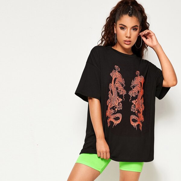 Dragon Print Half Sleeve Oversized Tee, Black