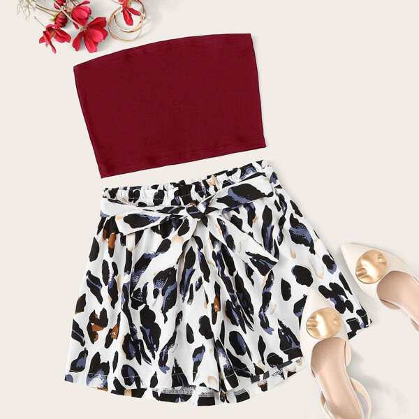

Tube Top With Self Tie Leopard Shorts