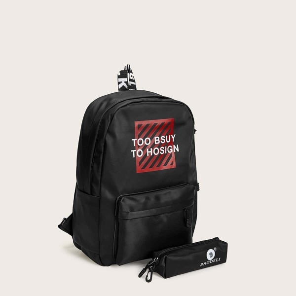 

Letter Pattern Backpack With Pen Case Set 2pcs, Black