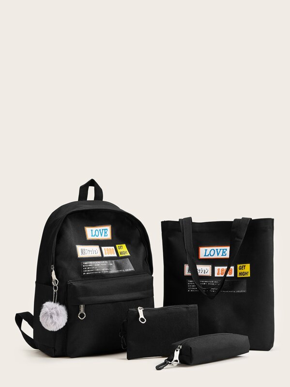 

Letter Pattern Backpack With Tote Bag & Pouch Set 4pcs, Black