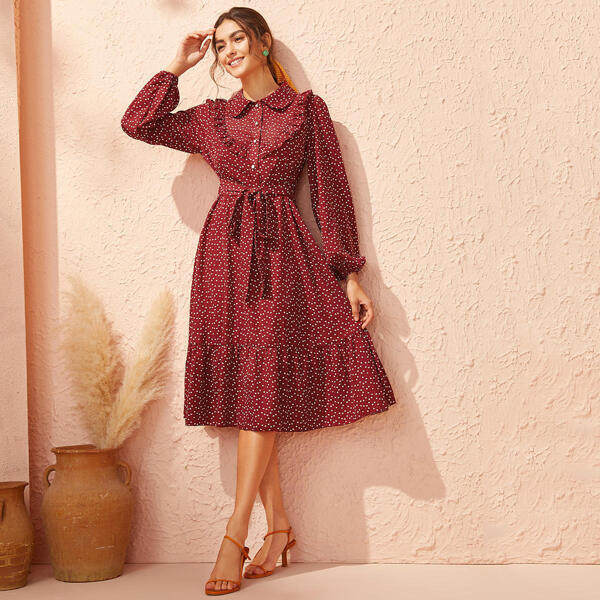 

Heart Print Ruffle Trim Belted Dress