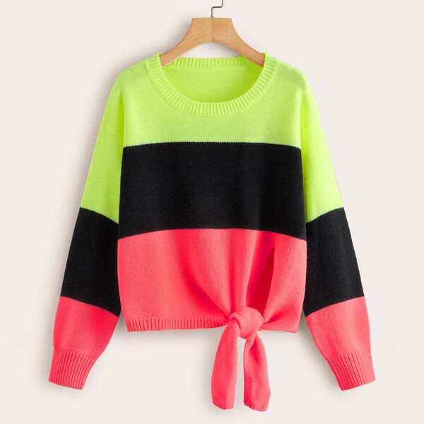 

Cut And Sew Tie Front Sweater, Multicolor