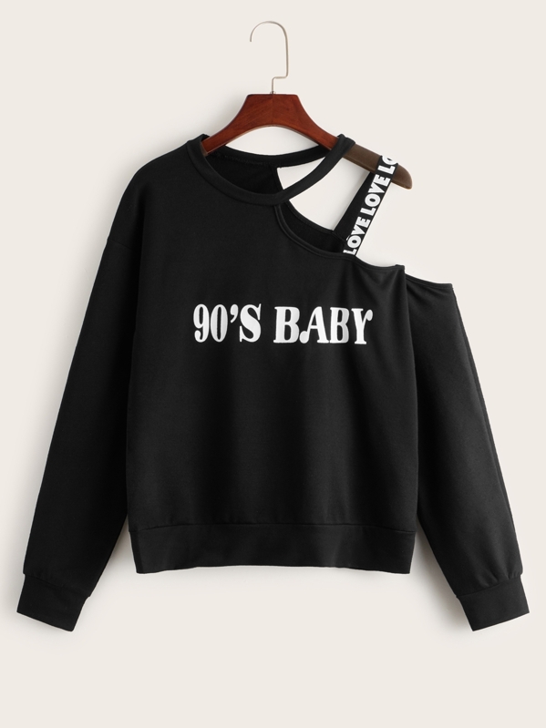 

Letter Graphic Tape Detail Asymmetrical Neck Sweatshirt, Black
