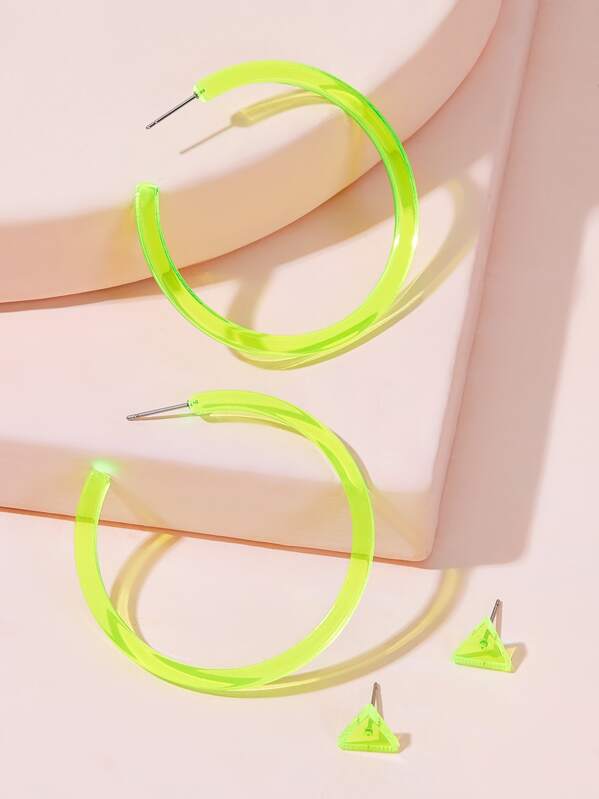 

Neon Yellow Hoop & Triangle Earrings 2pairs, Green