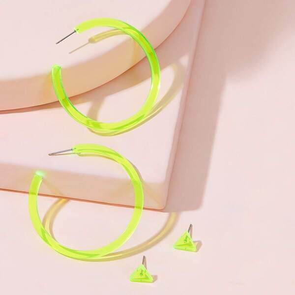 

Neon Yellow Hoop & Triangle Earrings 2pairs, Green bright