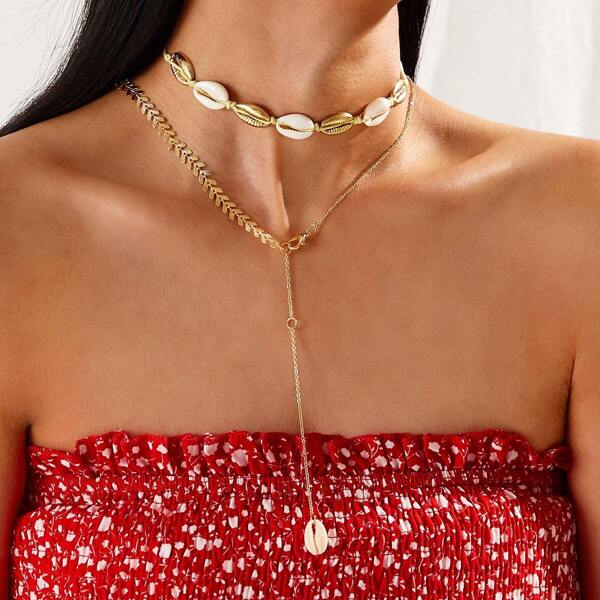 

Shell Decor Lariat Necklace 2pcs, Gold