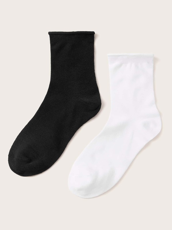 

Solid Cuffed Trim Socks 2pairs, Black and white