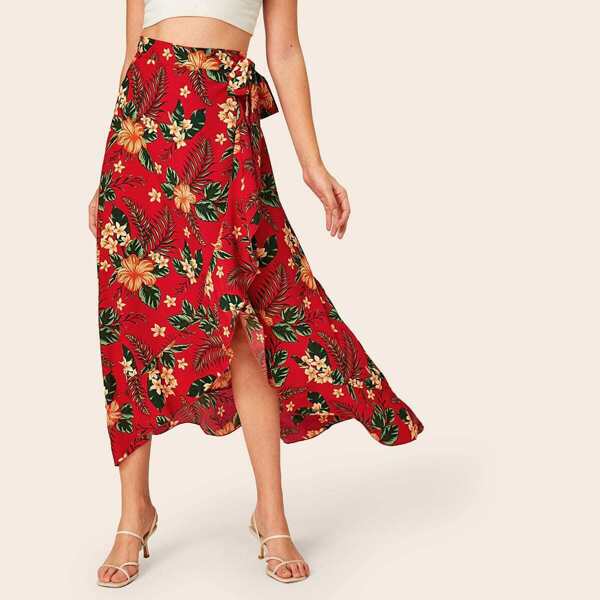 

Floral Print Ruffle Trim Tie Side Tulip Skirt