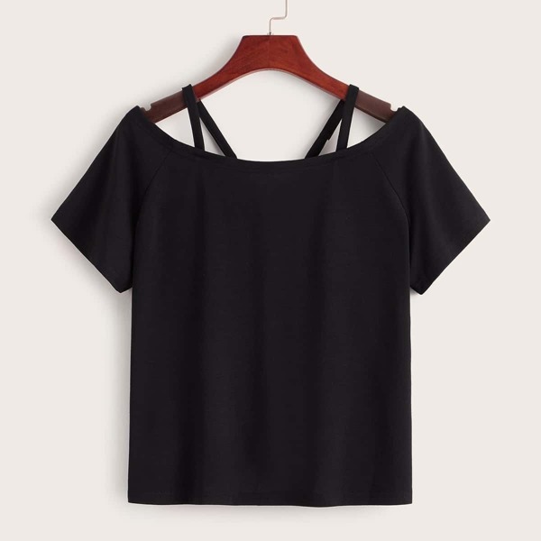 

Cut Out Shoulder Drawstring Solid Tee, Black