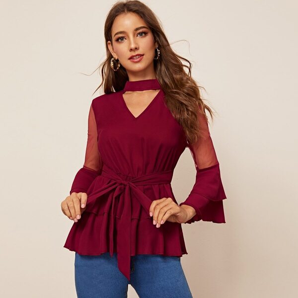 

Choker Neck Flounce Sleeve Belted Blouse, Burgundy