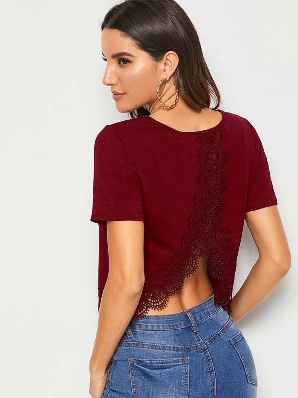 

Guipure Lace Panel Split Back Tee, Burgundy, Juliana