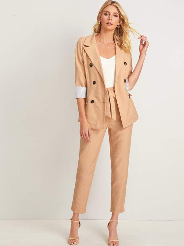 

Double Breasted Notched Neck Blazer With Pants, Khaki, Layson
