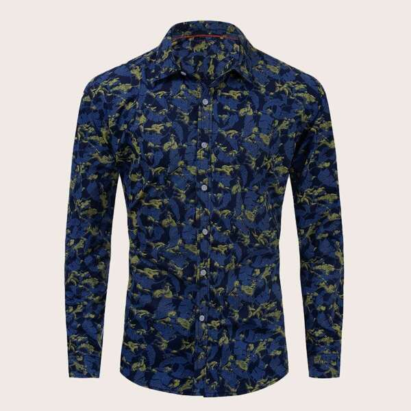 

Men Button Front Tropical Print Shirt, Multicolor