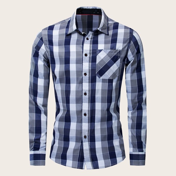 

Men Plaid Curved Hem Pocket Shirt