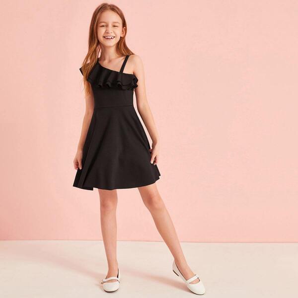 

Girls Asymmetrical Neck Ruffle Trim Dress