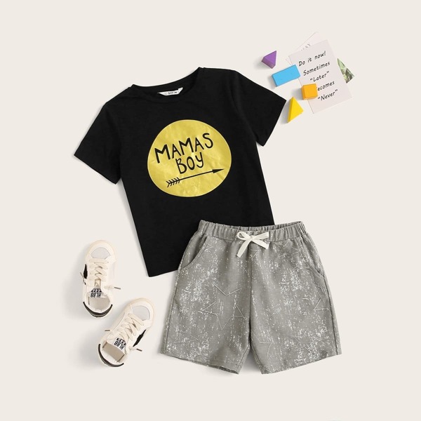

Boys Graphic Print Top & Distressed Print Shorts Set, Multicolor