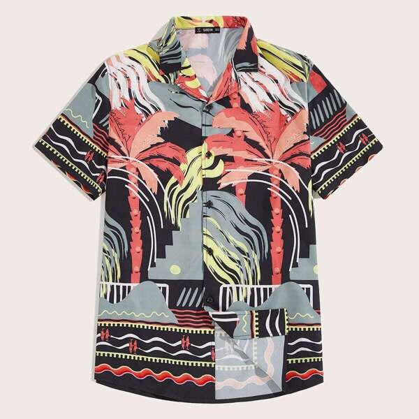 

Men Tropical Print Button Front Blouse