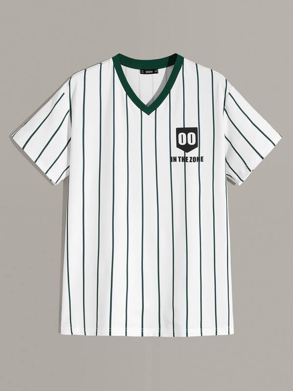 

Men Contrast V-neck Striped & Graphic Print Top, White