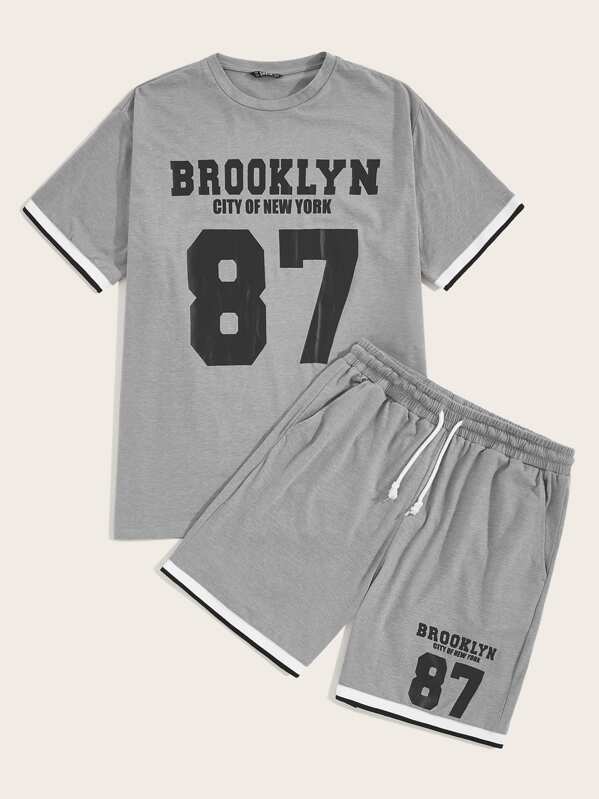 

Men Slogan and Number Print Top and Shorts Set, Grey, Misha