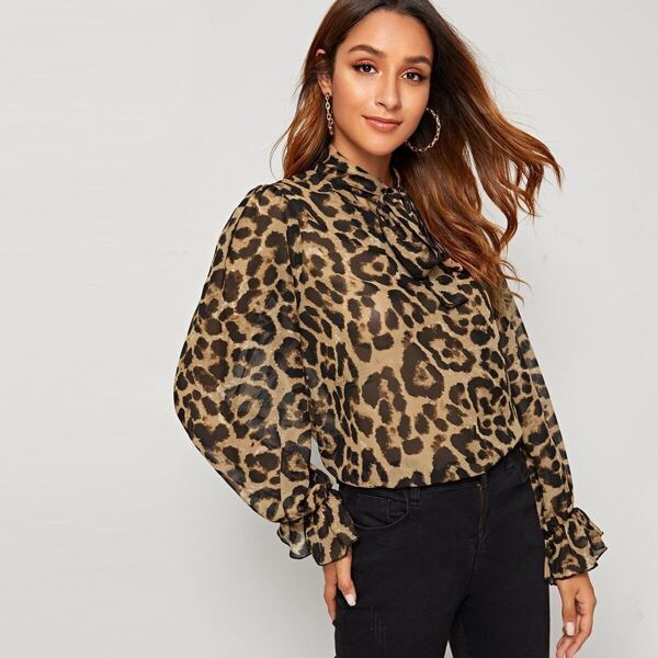

Leopard Tie Neck Flounce Sleeve Top, Multicolor