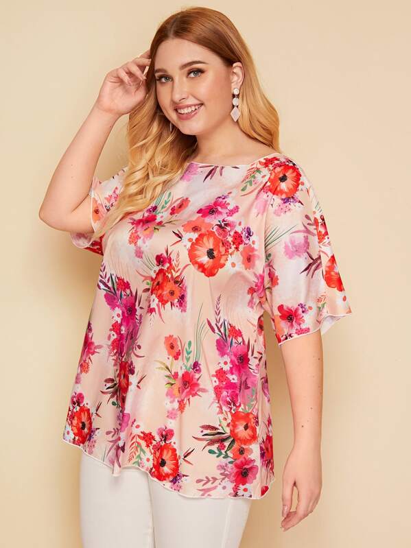 

Plus Floral Print Top, Multicolor, Nora