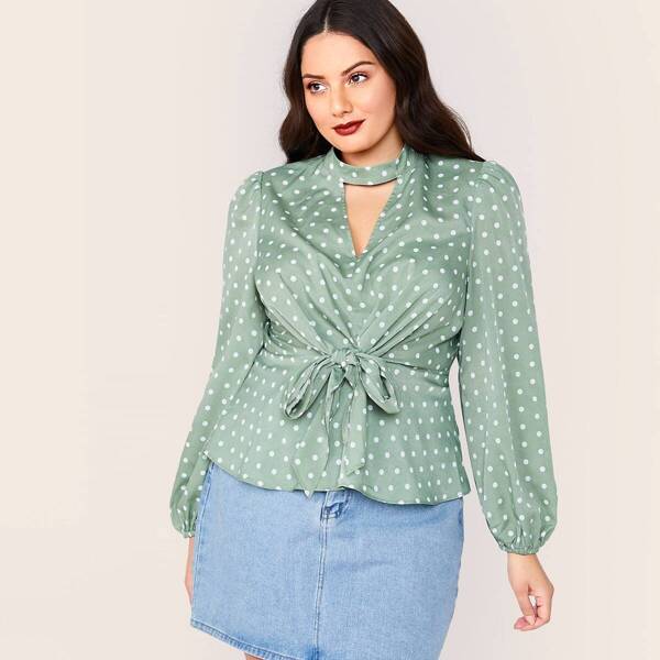 

Plus Keyhole Neck Tie Front Dot Print Blouse, Green pastel