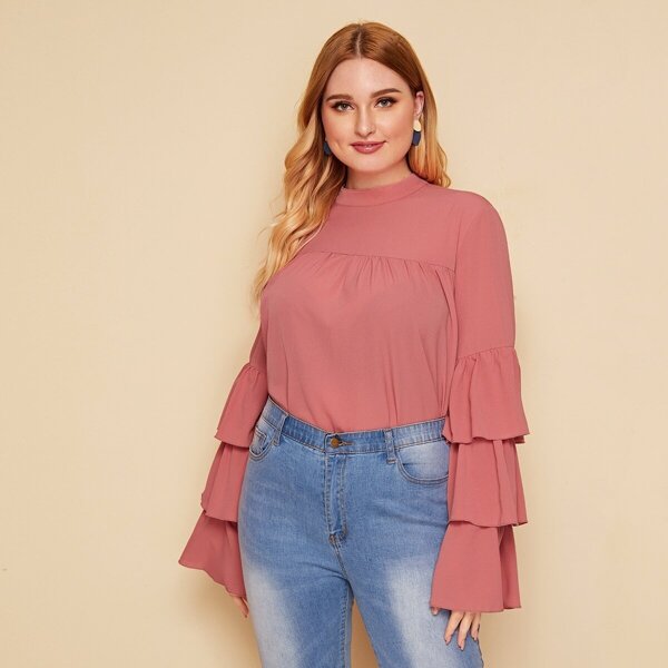 

Plus Mock-Neck Tiered Layered Sleeve Smock Top, Pink