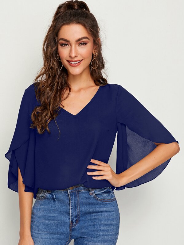 

Solid Petal Sleeve Top, Navy, Carol A