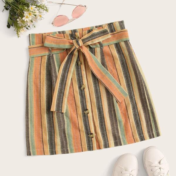 

Striped Button Front Belted Skirt